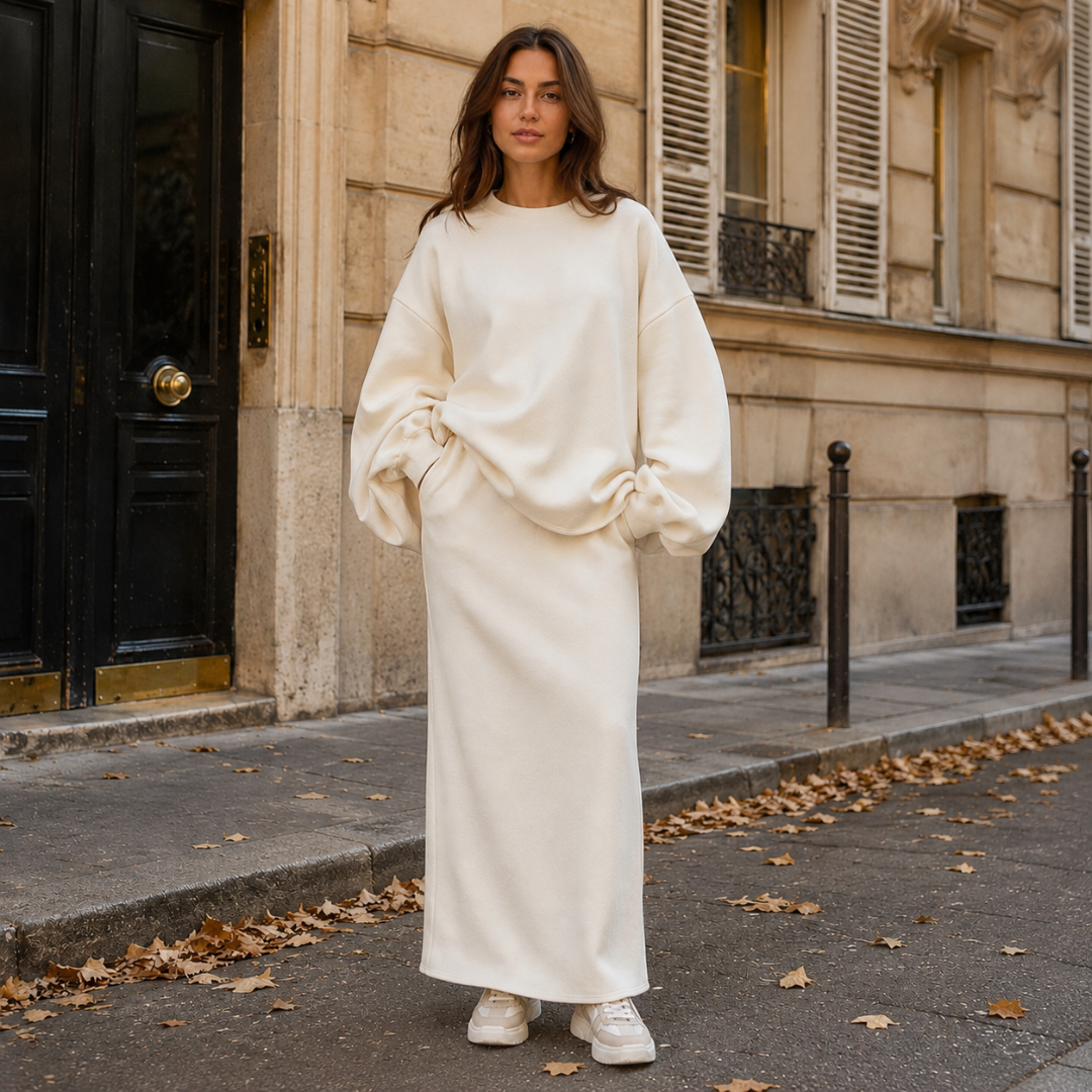 Ensemble femme blanc vu de face, sweat col rond et jupe longue droite
