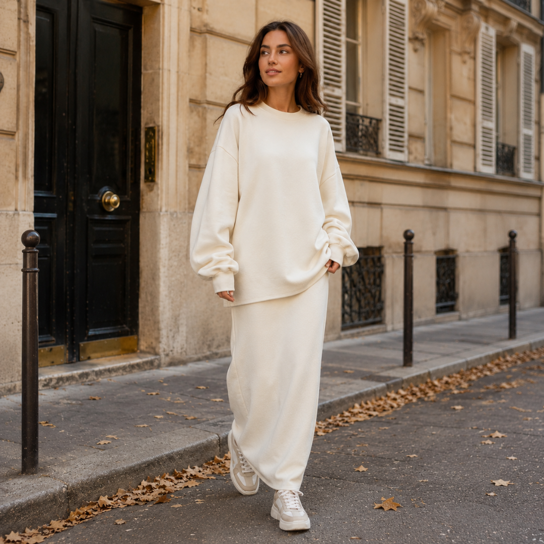 Femme en marche portant l'ensemble blanc, sweat oversize et jupe longue assortie
