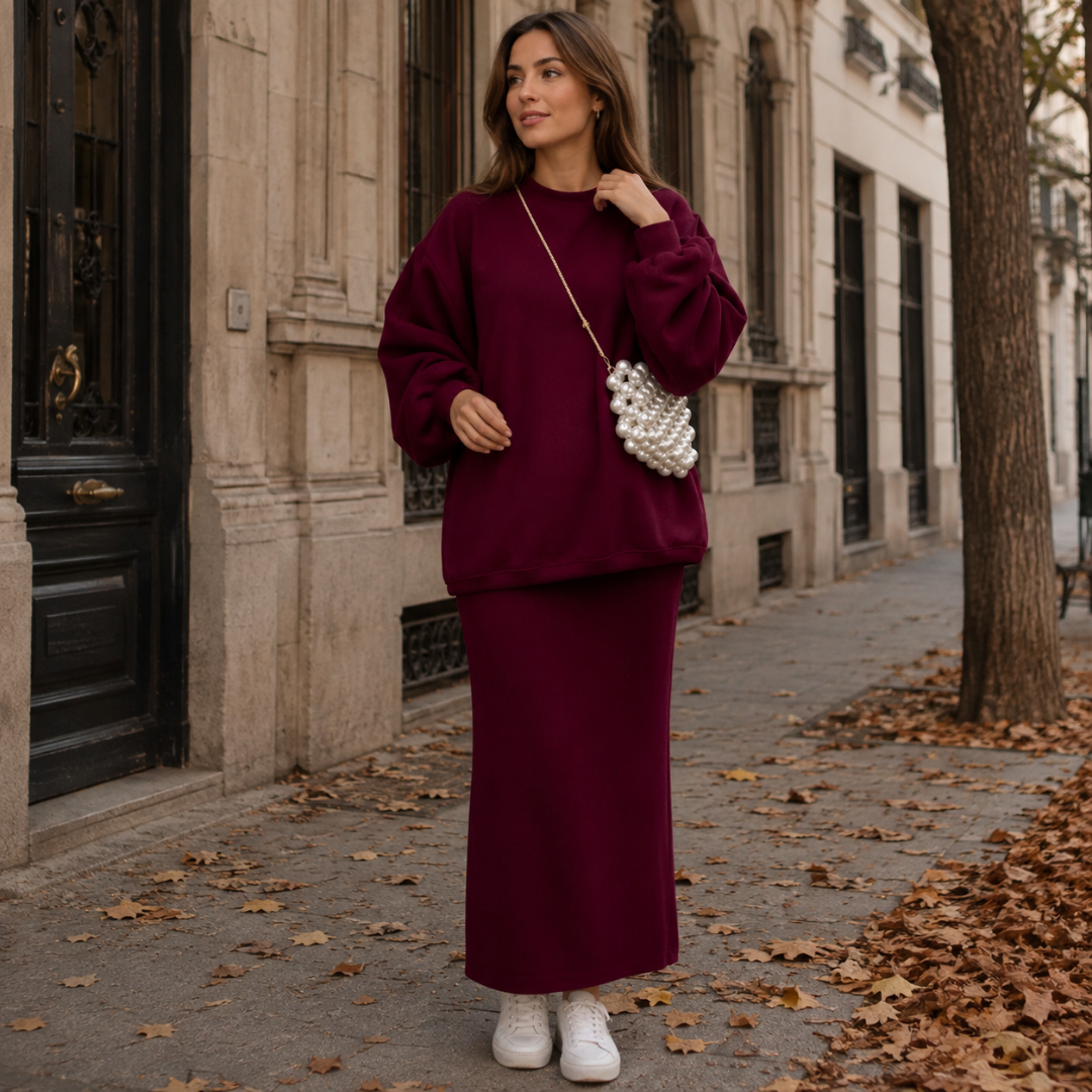Ensemble femme bordeaux, sweat ample et jupe longue portés avec des baskets blanches