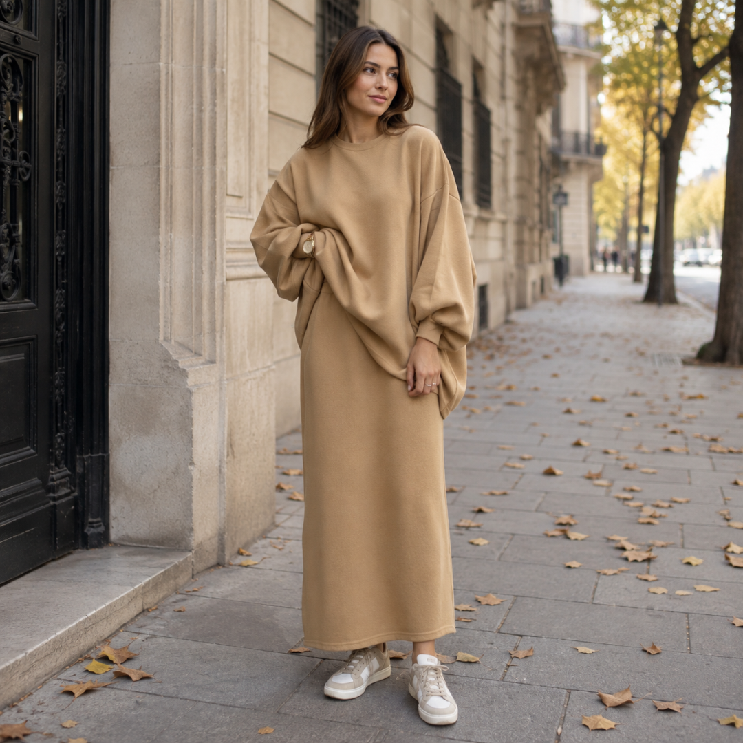 Ensemble femme camel, sweat oversize à col rond et jupe longue droite