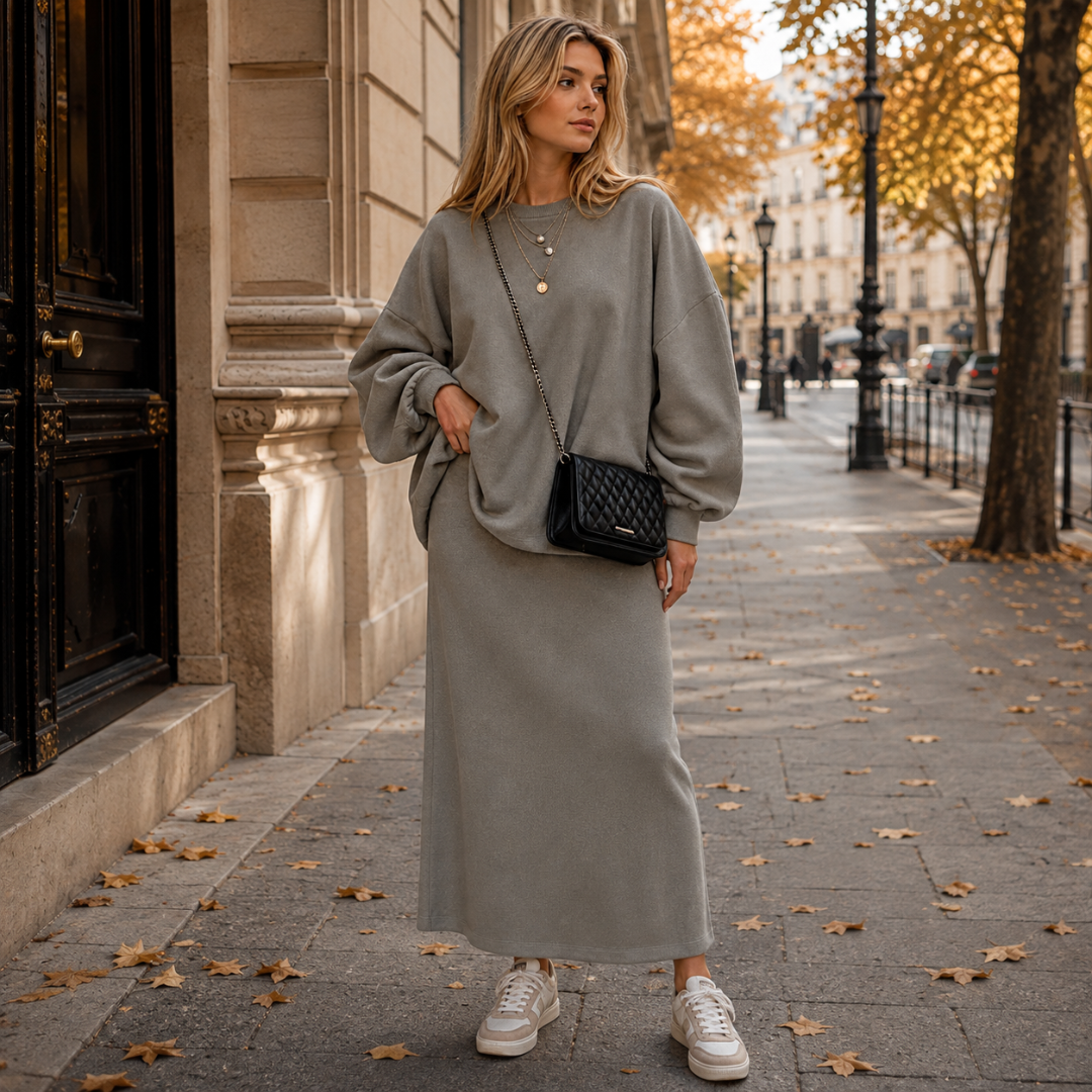 Ensemble femme kaki, sweat ample à col rond et jupe longue de coupe droite