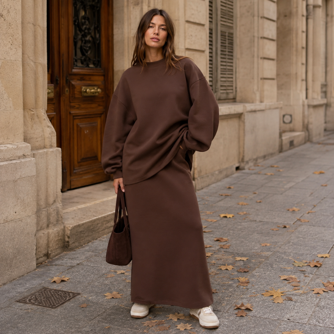 Ensemble femme marron, sweat à col rond et jupe longue de coupe droite
