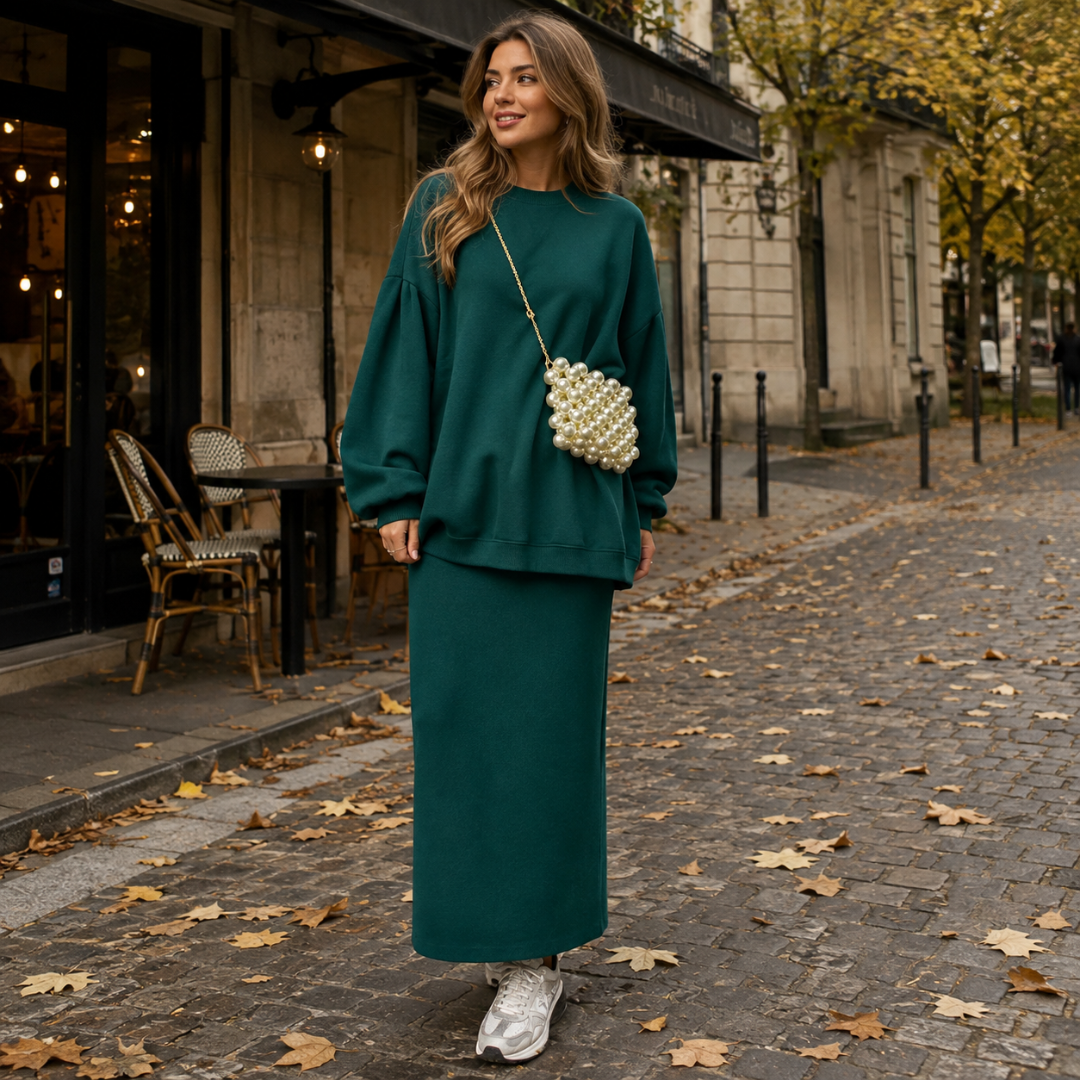 Ensemble femme vert foncé, sweat à col rond et jupe longue droite
