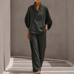 Ensemble femme noir, blouse col montant et pantalon large en lin coton doux
