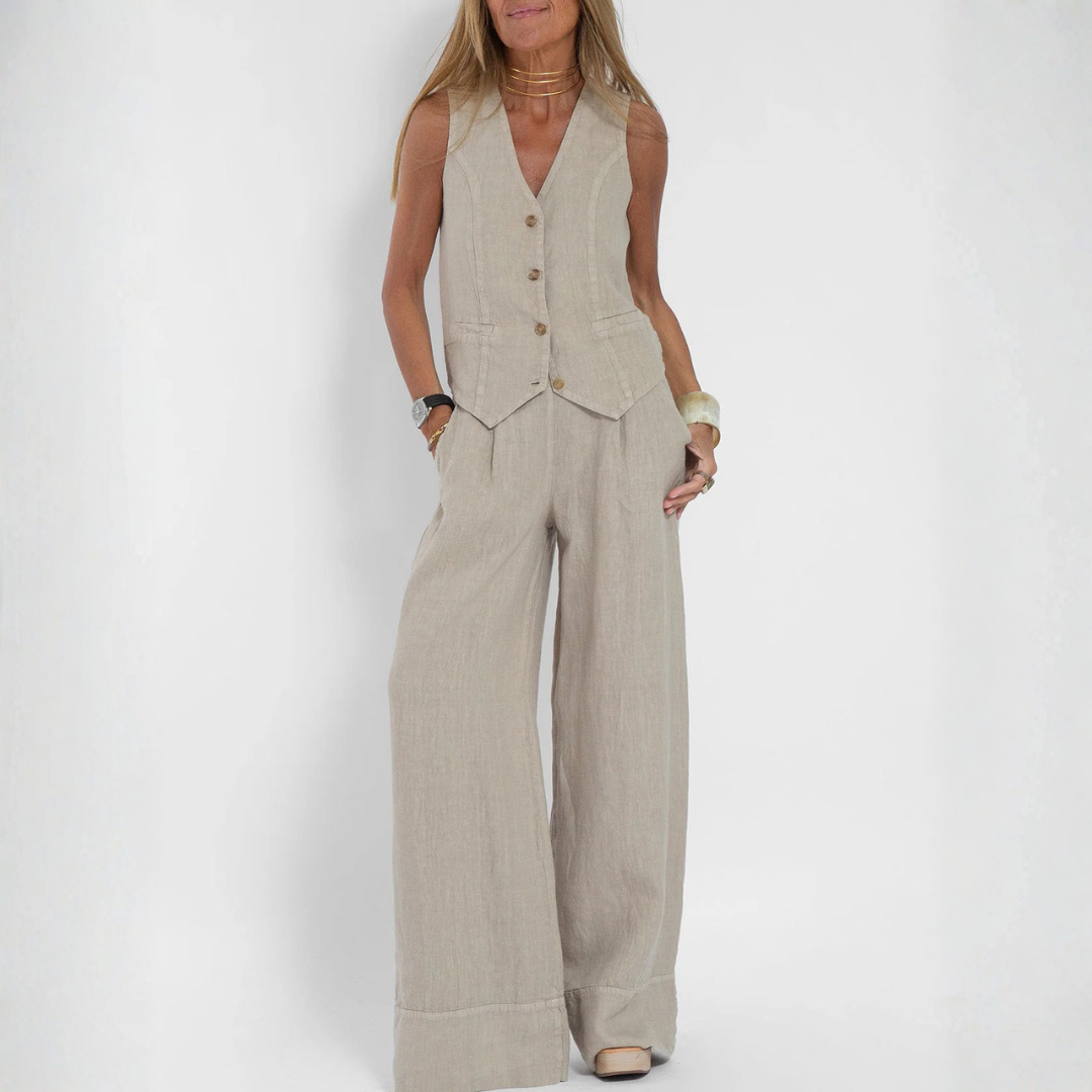 Ensemble deux pièces femme lin abricot naturel, gilet boutonné et pantalon large, vue de face