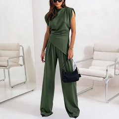 Ensemble deux pièces femme vert fonce, haut drapé sans manches et pantalon large