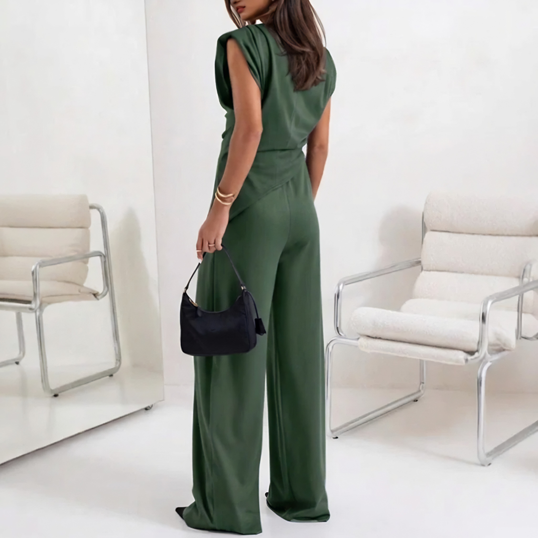 Ensemble femme vert foncé pantalon wide-leg et haut drapé, vue de dos