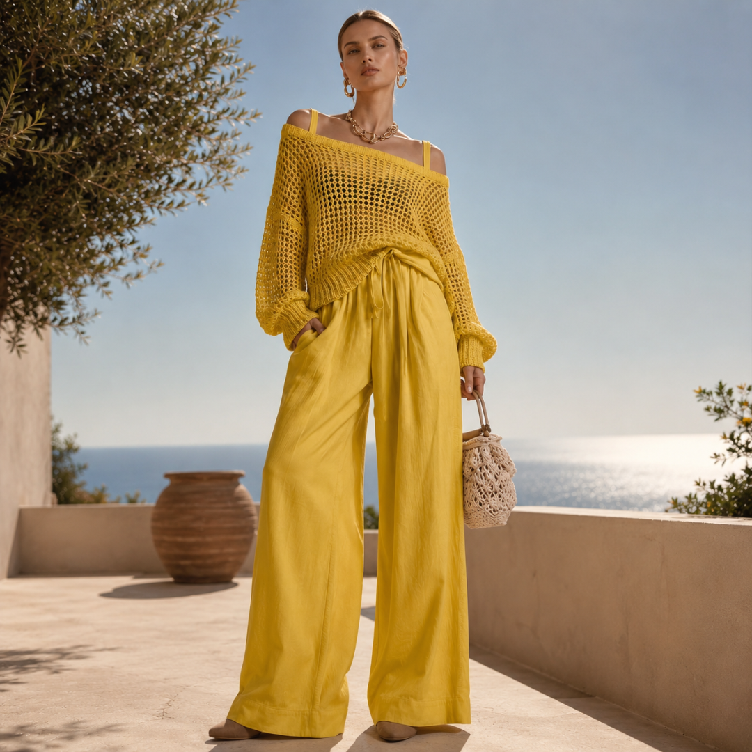 Vue rapprochée du pull jaune en maille ajourée à épaules dénudées