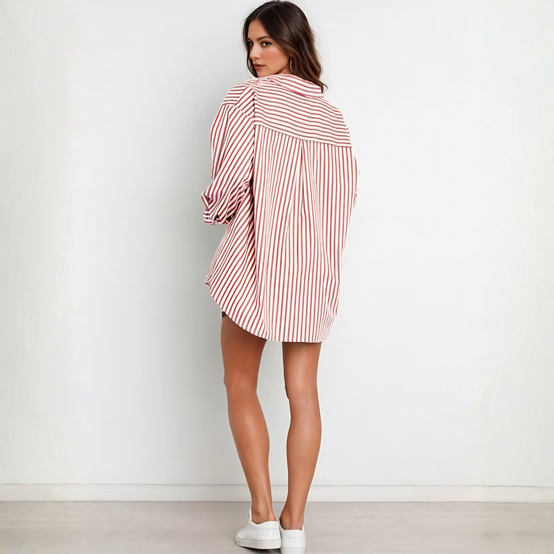 Ensemble Tiara orange rayé, vue de dos, chemise manches longues