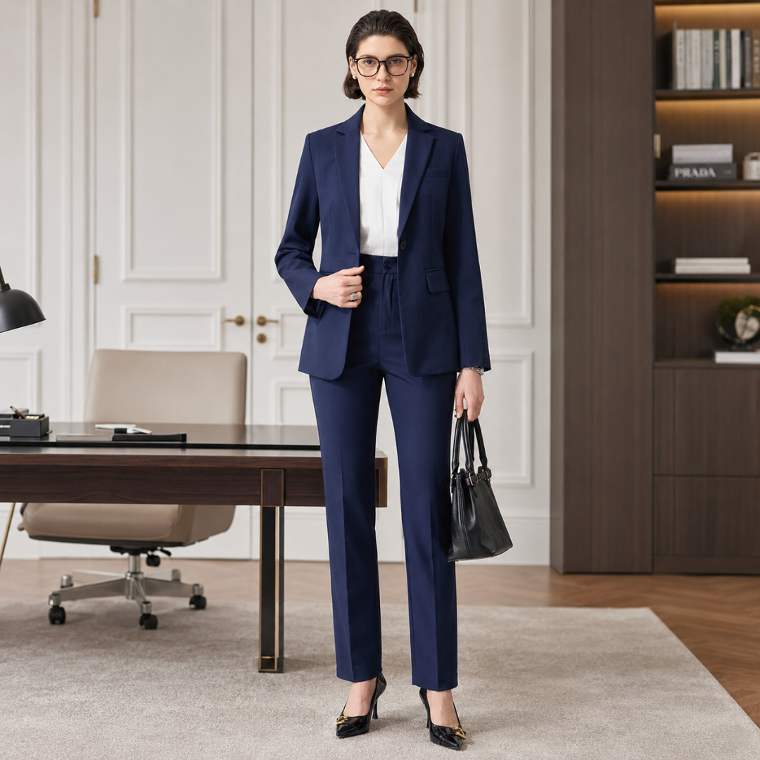 Tailleur femme bleu marine, veste ouverte à col cranté et pantalon droit