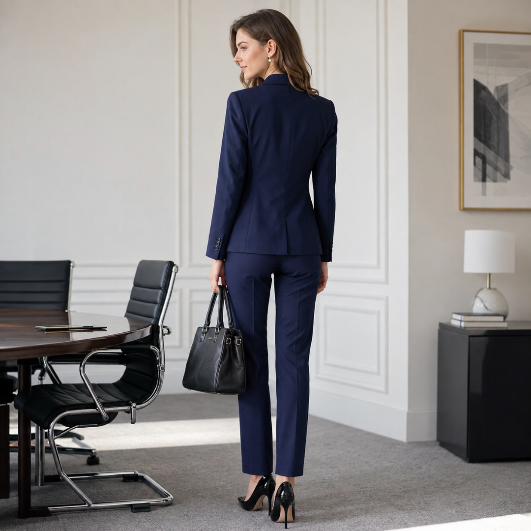 Dos du tailleur bleu marine, taille cintrée et manches longues boutonnées