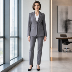 Tailleur femme gris, veste un bouton à col cranté et pantalon droit assorti