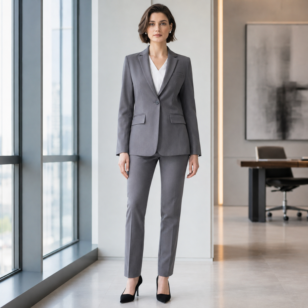 Tailleur femme gris, veste un bouton à col cranté et pantalon droit assorti