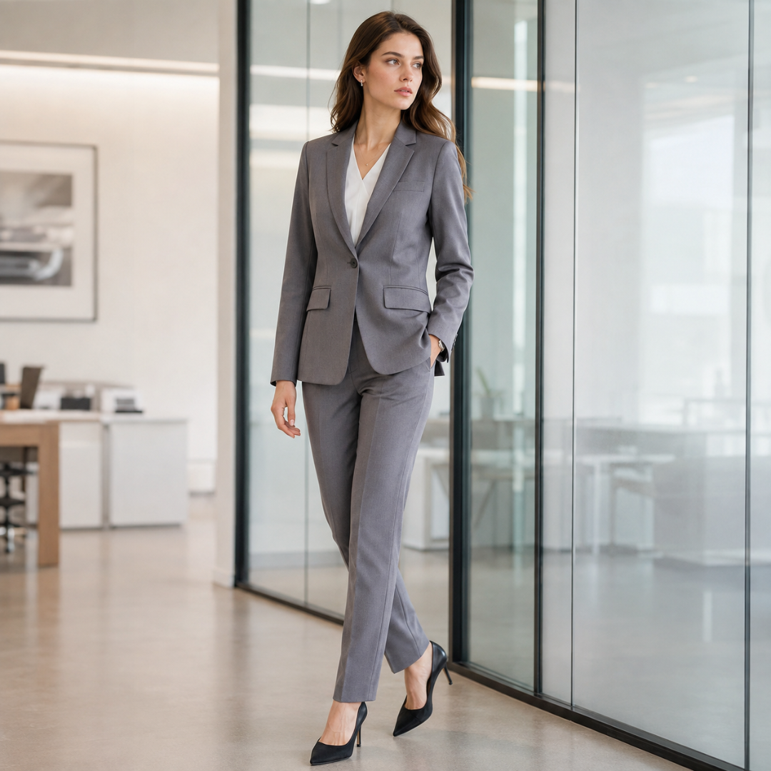 Ensemble tailleur gris porté de trois quarts, veste cintrée et poches à rabat