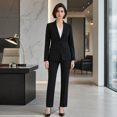 Tailleur femme noir, veste un bouton à revers crantés et pantalon droit