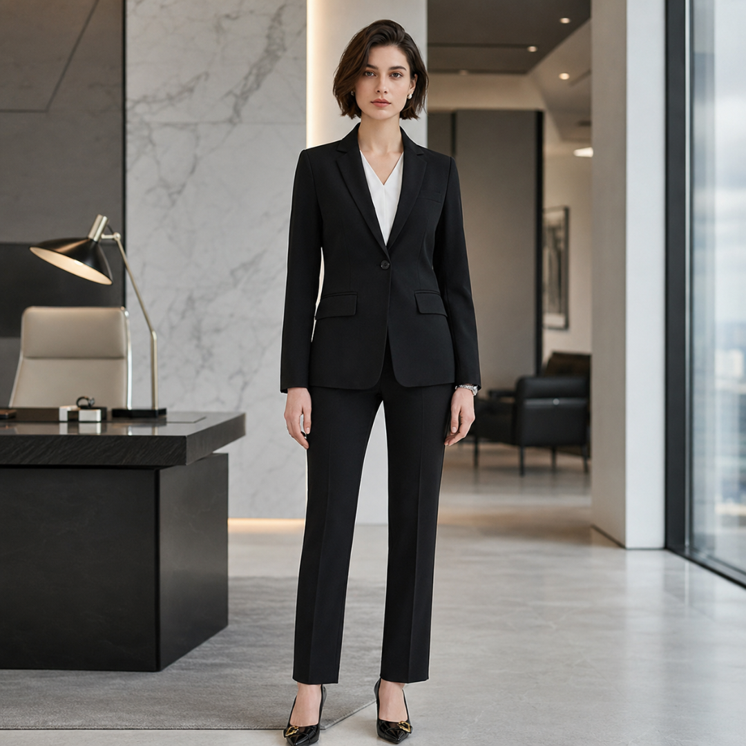 Tailleur femme noir, veste un bouton à revers crantés et pantalon droit