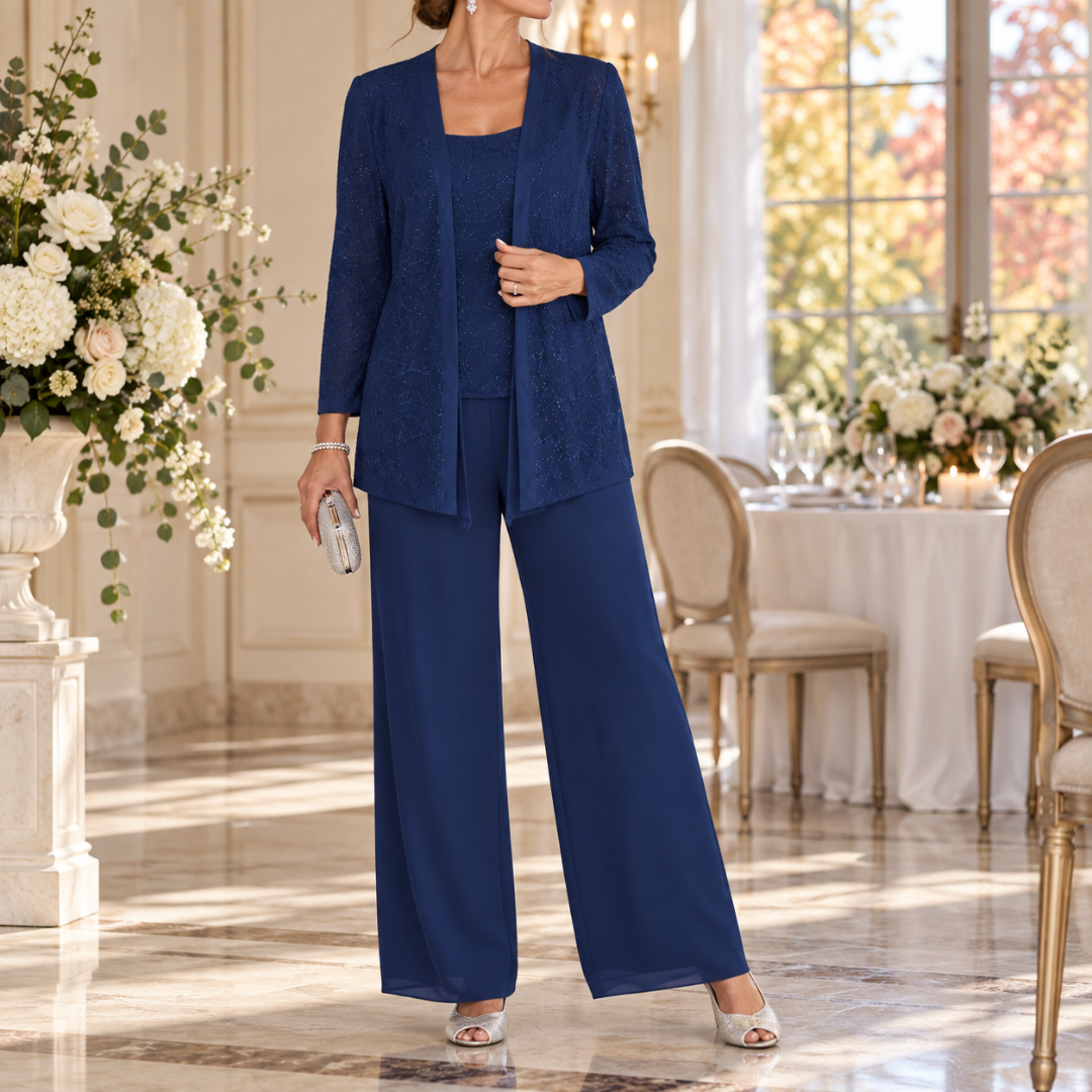 Ensemble bleu marine, veste scintillante à manches longues et pantalon large