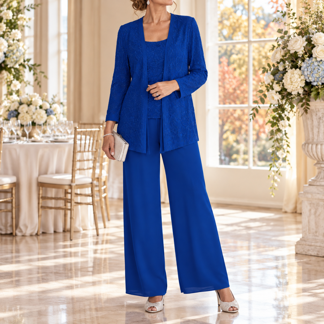 Ensemble bleu roi, veste pailletée ouverte sur haut à col carré