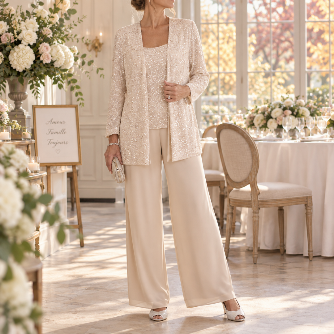 Ensemble trois pièces champagne, veste ajourée pailletée et pantalon large assorti