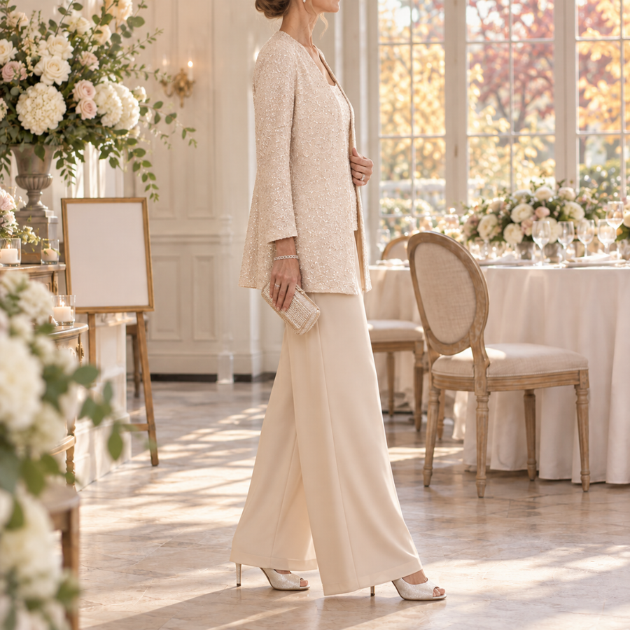 Ensemble trois pièces champagne, veste scintillante ouverte et pochette dorée, profil élégant