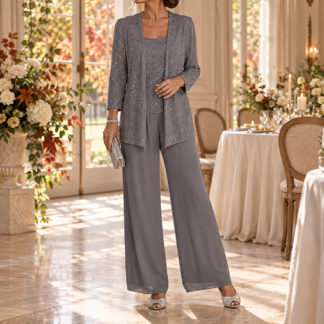 Ensemble gris foncé, veste ouverte pailletée et pantalon large assorti