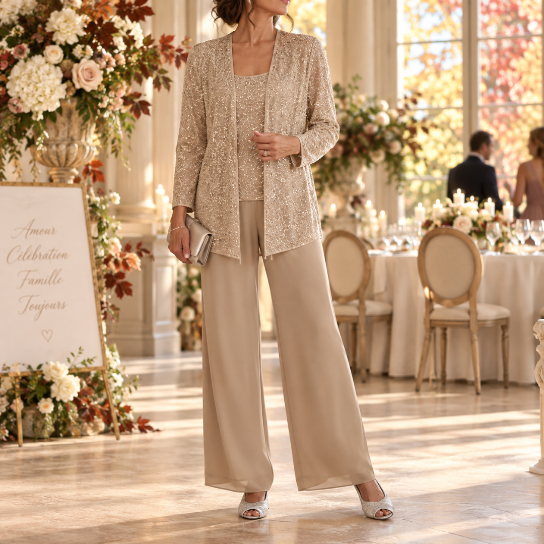 Ensemble kaki doré, veste ouverte à sequins et pantalon à jambes larges