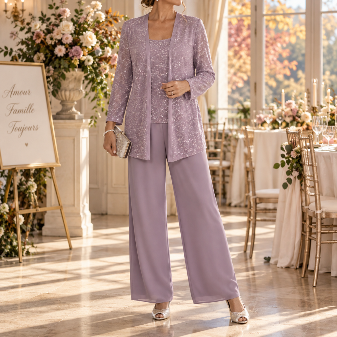 Ensemble lavande trois pièces, veste ouverte pailletée et pantalon large