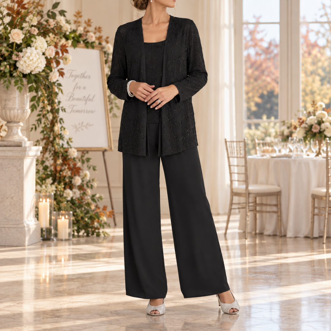 Ensemble noir trois pièces, veste pailletée ouverte et pantalon large
