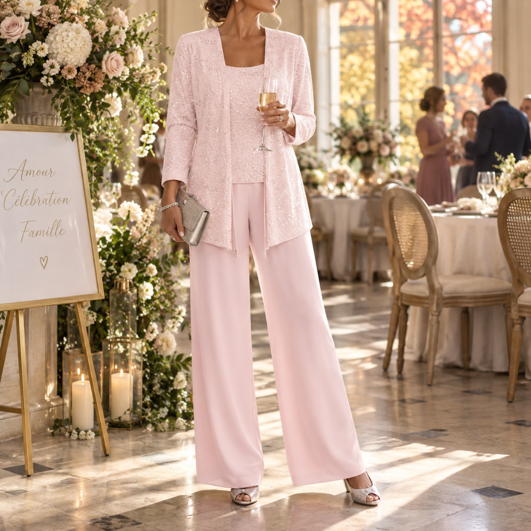 Ensemble rose clair, veste pailletée à manches longues et pantalon large