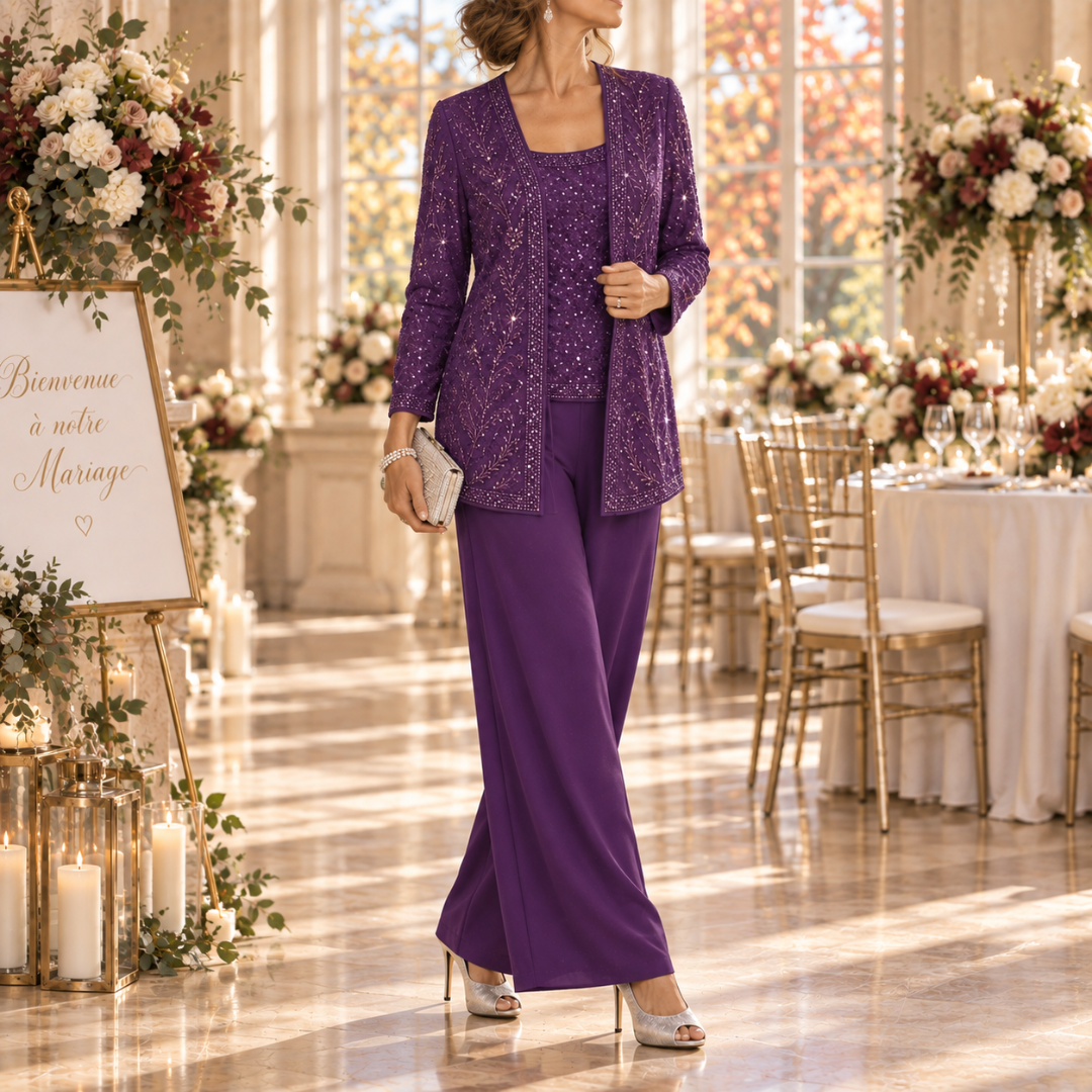 Ensemble trois pièces violet, veste pailletée ouverte, haut à col carré et pantalon large