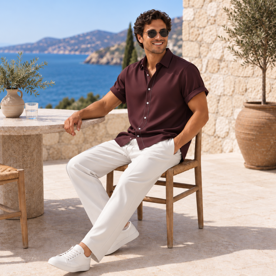Homme assis en chemise bordeaux col ouvert et pantalon blanc, ensemble deux pièces