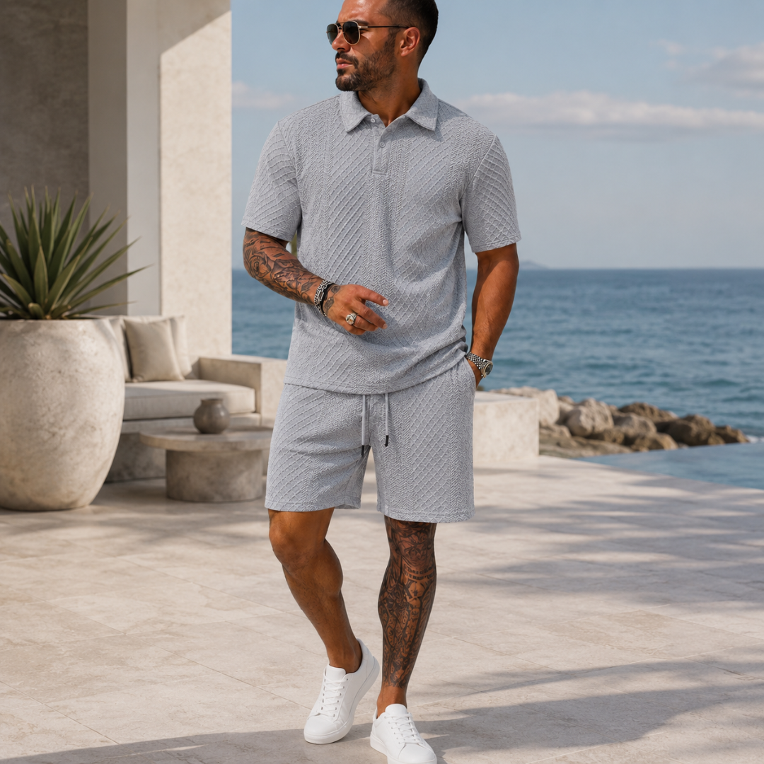 Ensemble homme gris polo boutonné et short assorti, cadre élégant extérieur