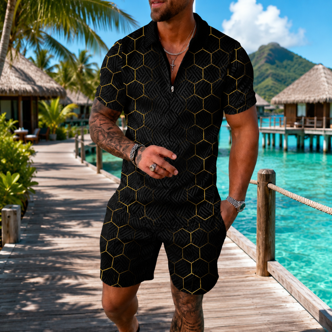 Ensemble homme noir à imprimé nid d'abeille doré, polo zippé et short