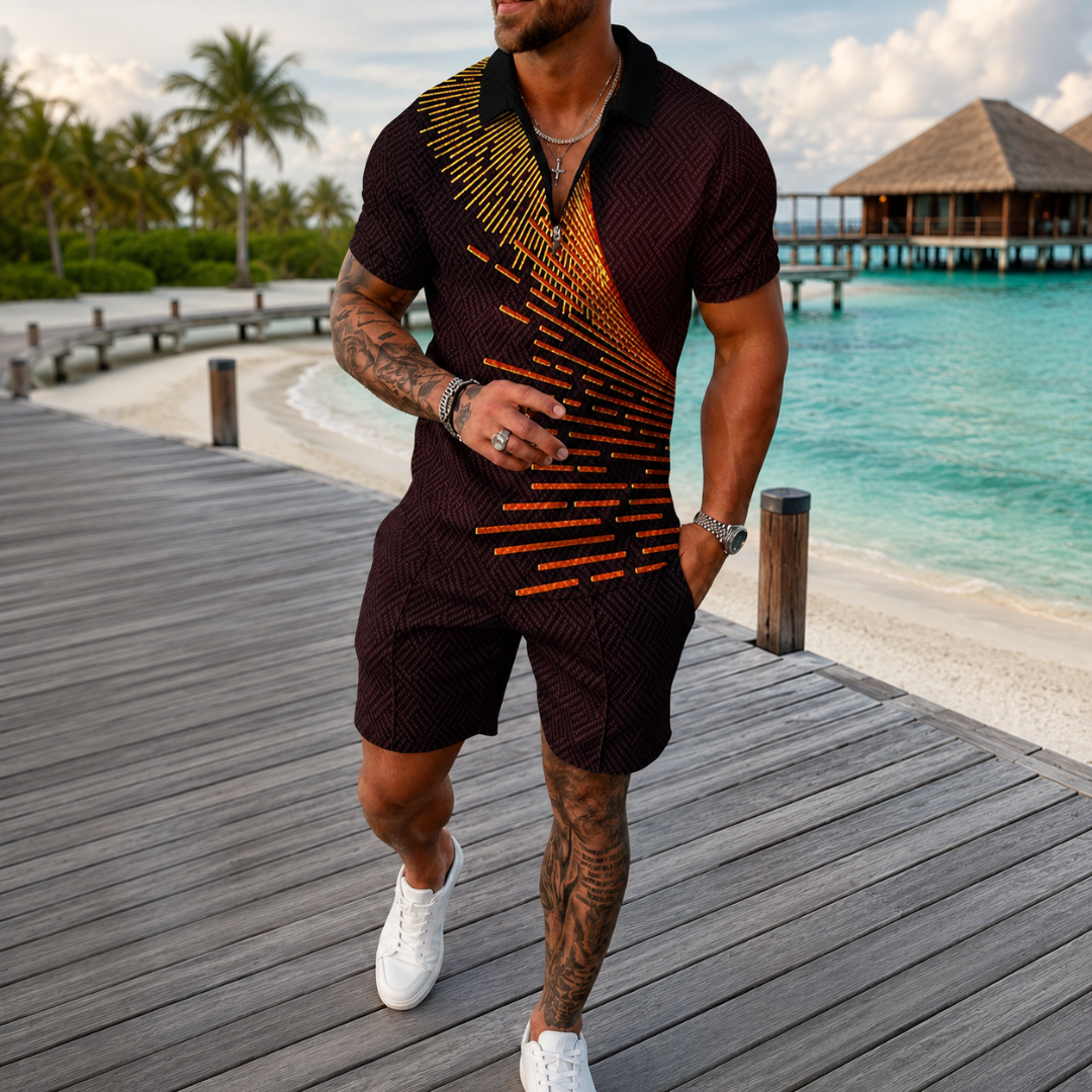 Ensemble homme noir à imprimé orange lumineux, polo zippé et short assorti