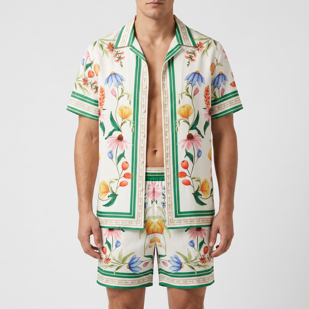 Ensemble homme imprimé floral vert, chemise col cubain et short coordonné, vue de face