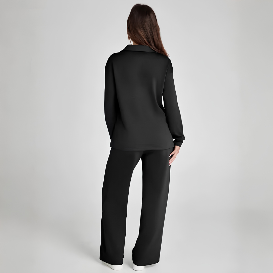 Ensemble Nova noir, détail haut col polo manches longues