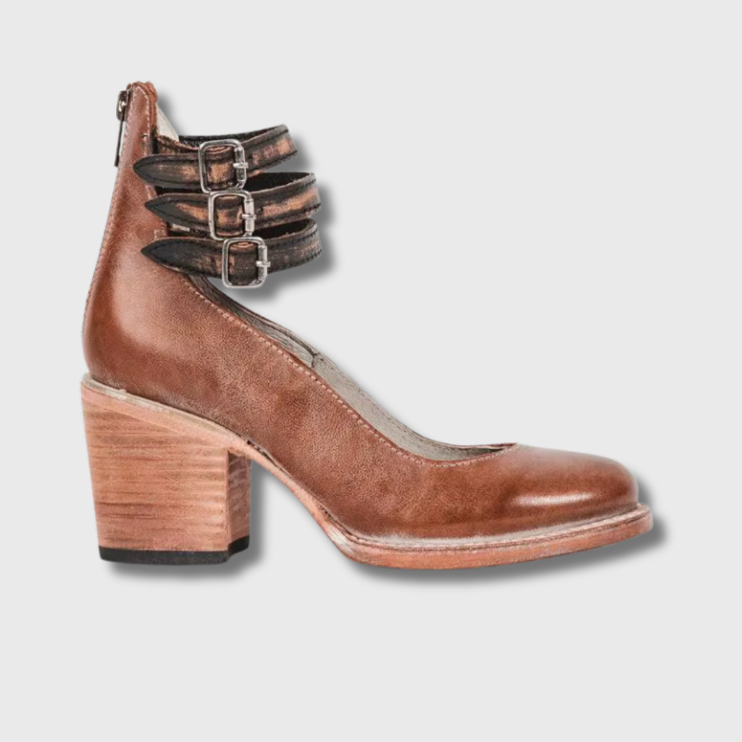 Escarpins Zora marron foncé talon bloc vue de côté