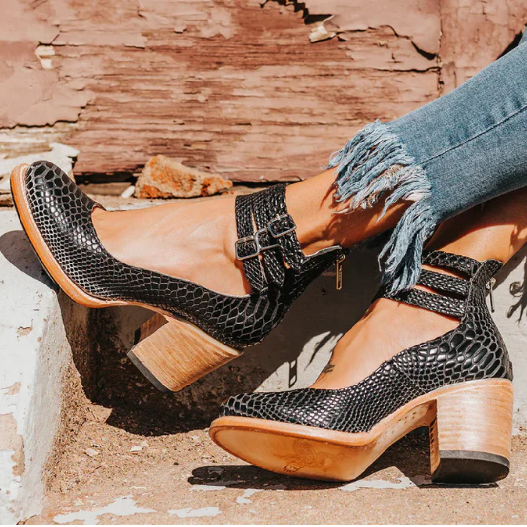Escarpins Zora noir motif crocodile talon bloc vue latérale
