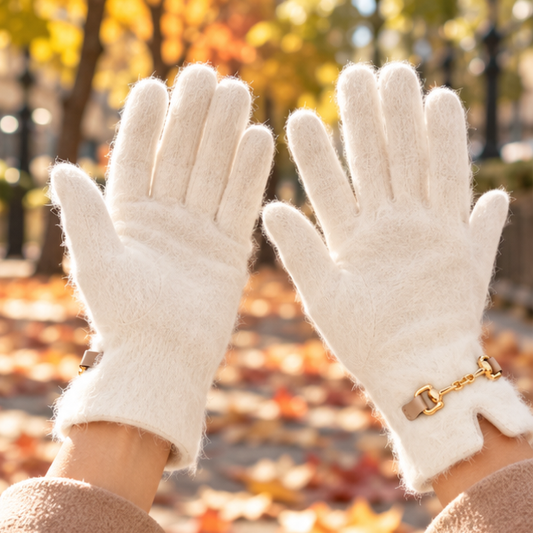Paire de gants blancs duveteux levée, chaîne dorée visible sur le poignet droit