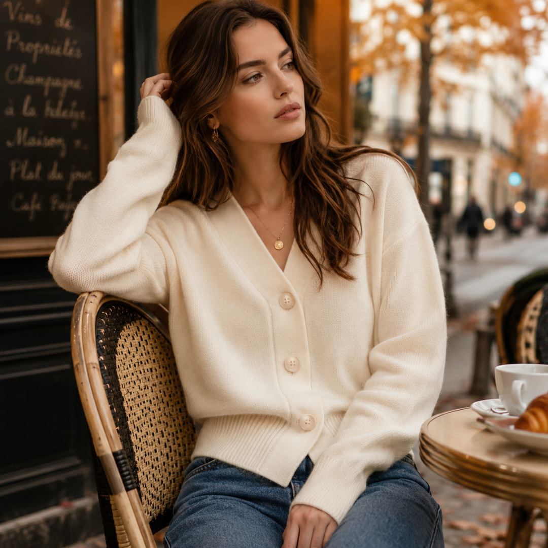 Gilet beige à col V, boutonnage devant, porté par une femme attablée en terrasse