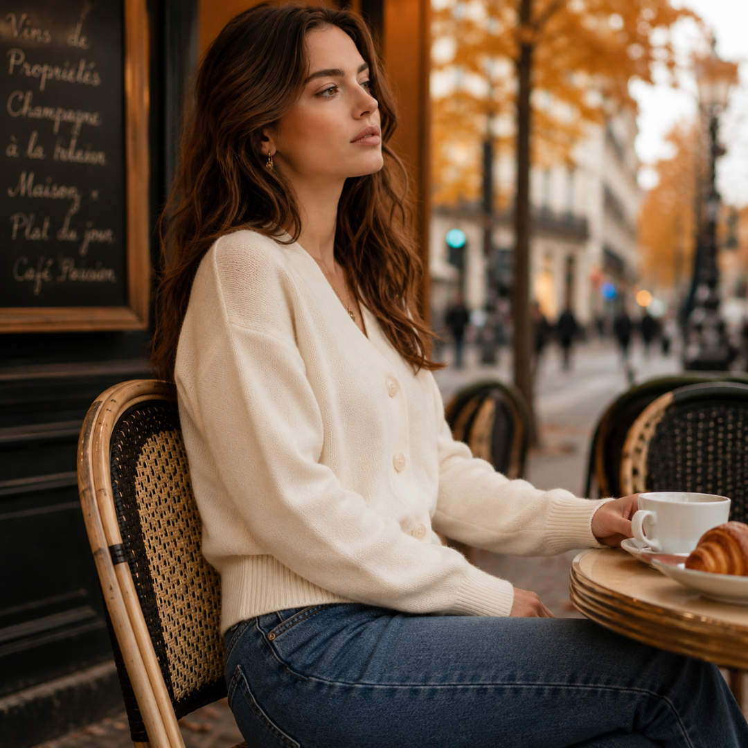 Gilet beige vu de profil, poignets côtelés, associé à un pantalon bleu