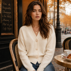 Gilet beige boutonné de face, col V dégagé et bas côtelé bien visible