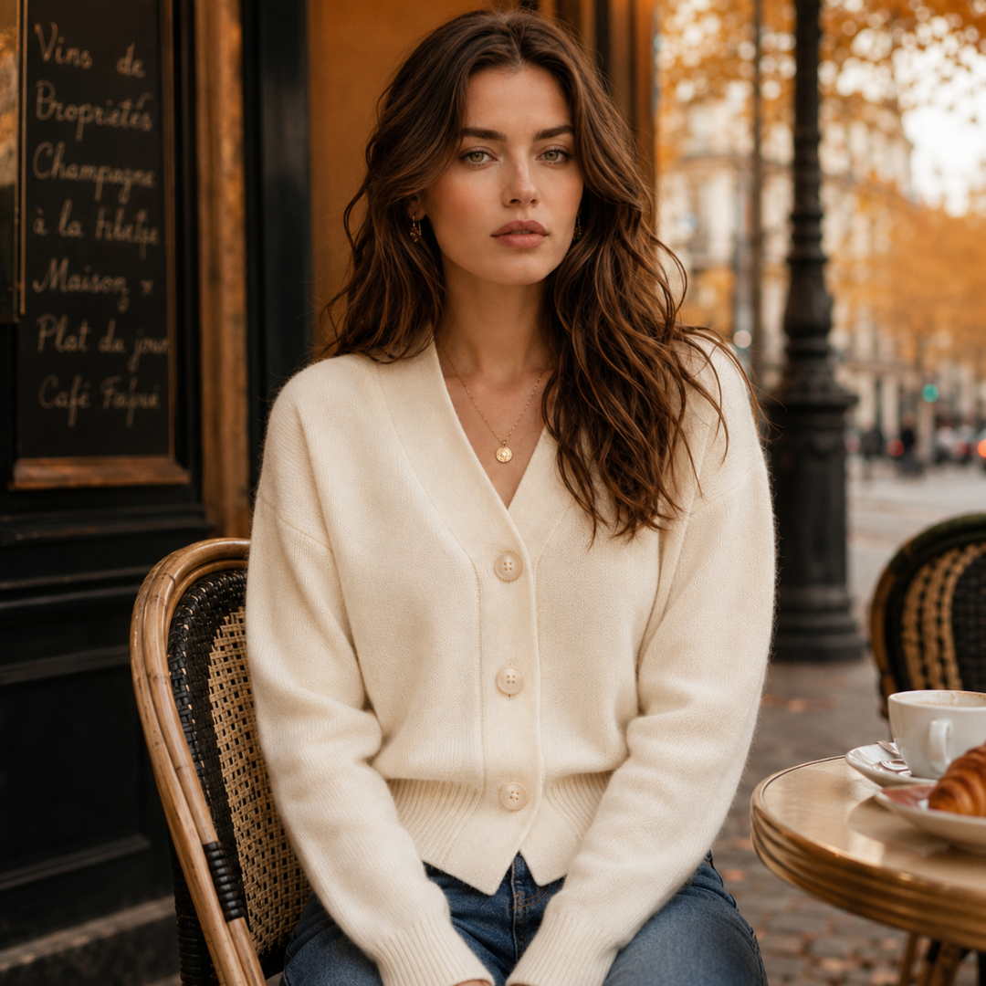 Gilet beige boutonné de face, col V dégagé et bas côtelé bien visible