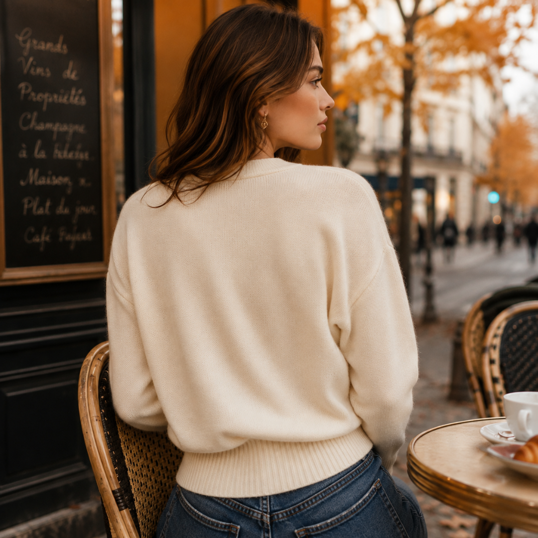 Dos du gilet beige, épaules tombantes et bord côtelé au niveau de la taille