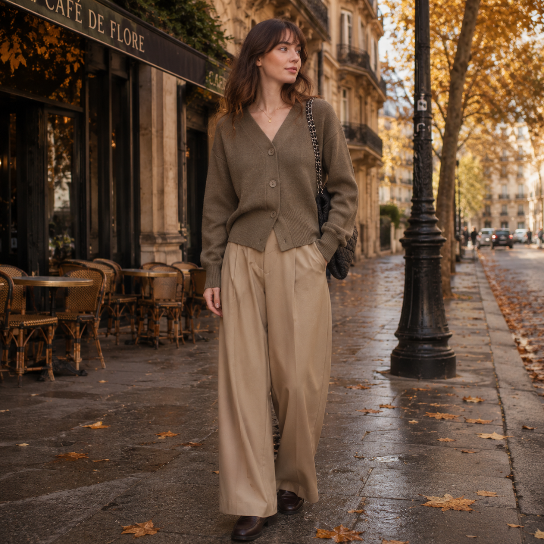 Gilet kaki à col V boutonné, manches longues, porté avec un pantalon large beige