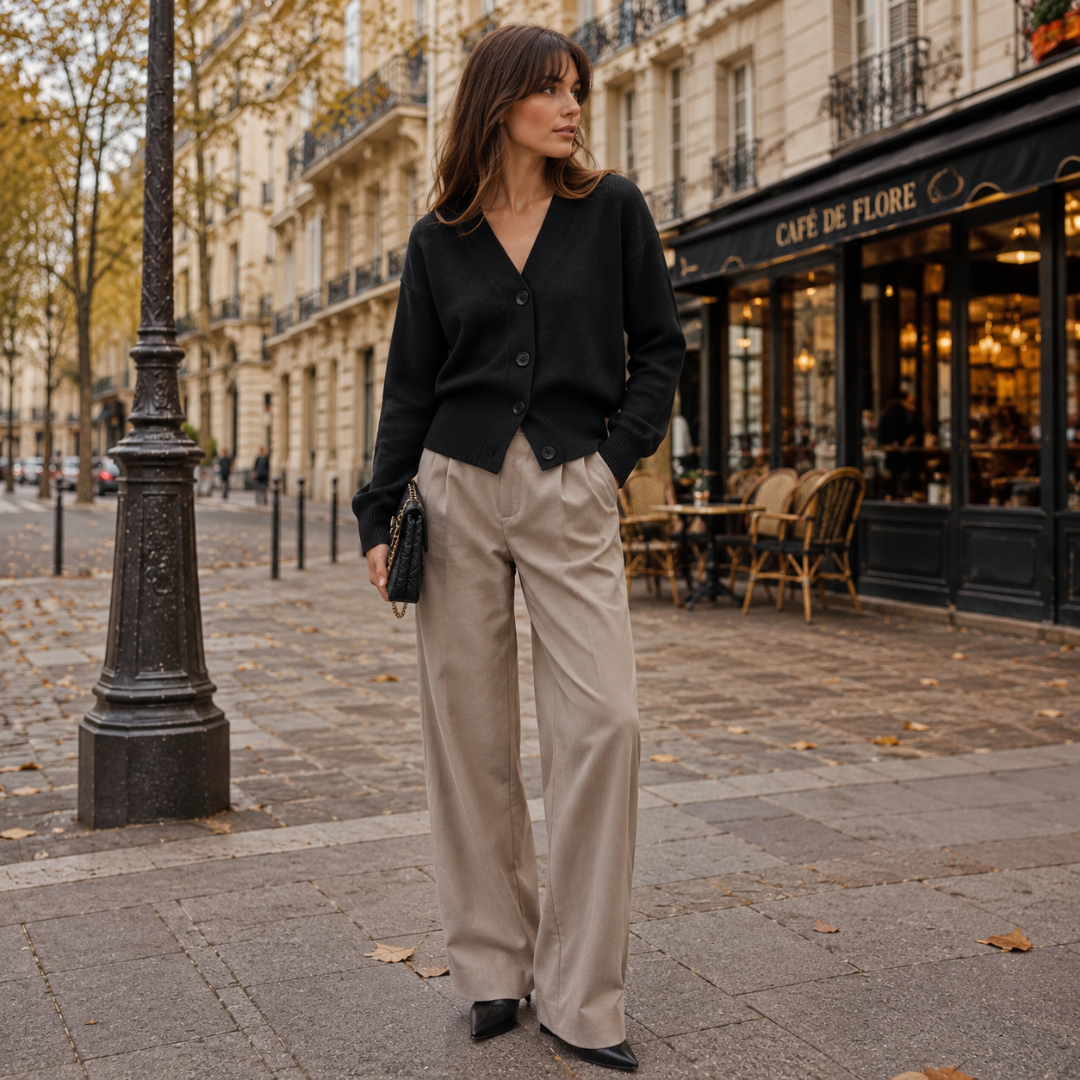 Gilet noir boutonné à col V, coupe courte, porté avec un pantalon clair