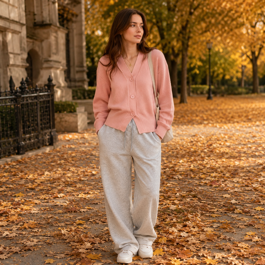 Gilet rose boutonné à col V, porté avec un pantalon large gris clair