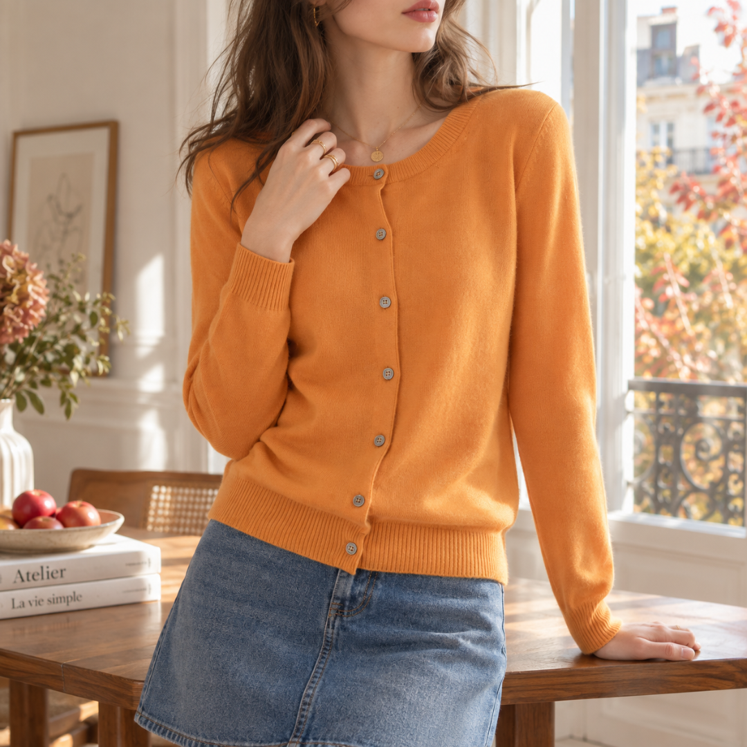 Gilet femme marigold boutonné devant, col rond et large bord côtelé au bas
