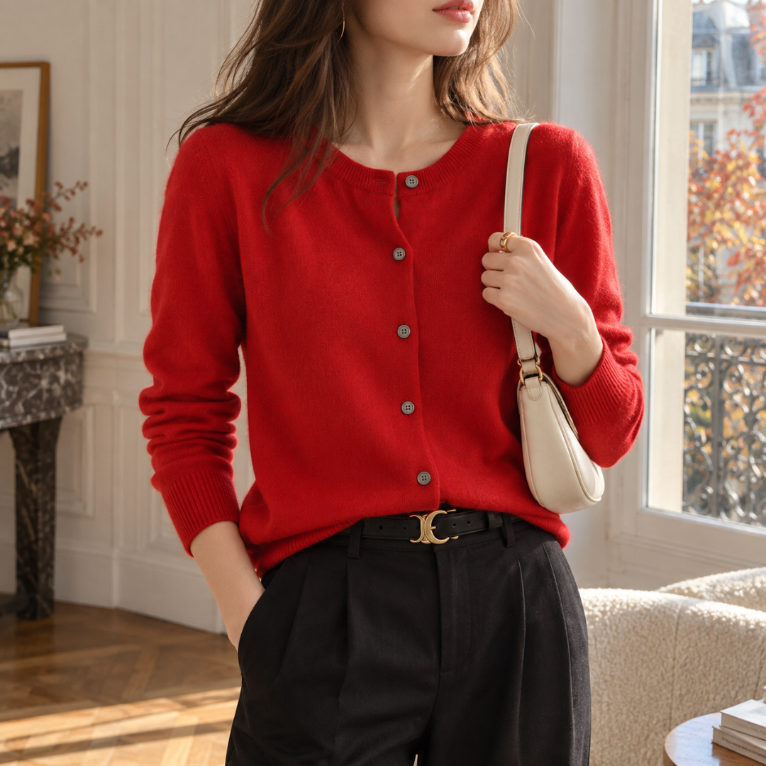 Gilet femme rose rouge en maille fine, boutons devant et poignets côtelés