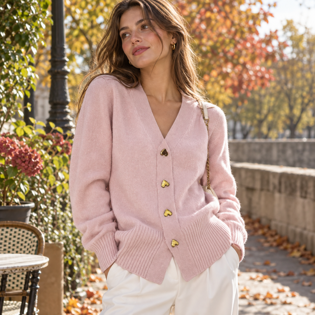 Gilet femme rose à col V, quatre boutons cœurs dorés et bords côtelés